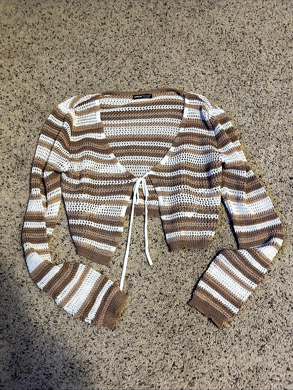 SHEIN Striped Tie-Front Shrug in Brown & White Size Medium